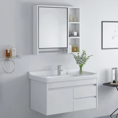 Vanité de salle de bains en bois massif laqué blanc, lavabo Foshan de style allemand